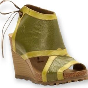 Fly London Luxe Kiwi & Olive Tieback Leather Platform Wedge Sandals Sz 36